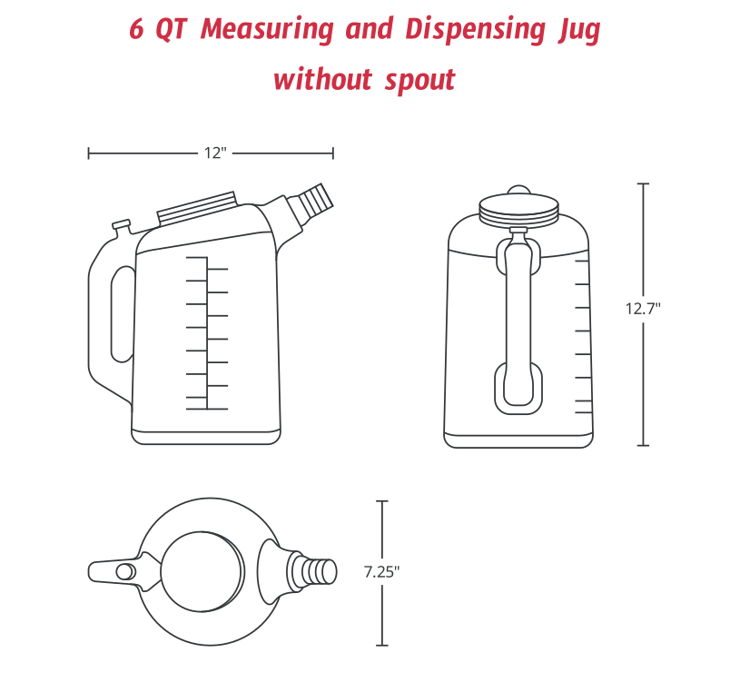 Specifications of 6qt measuring and dispensing jug, measuring 12