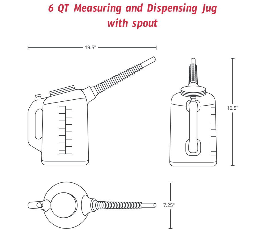 Specifications of 6qt measuring and dispensing jug, measuring 19.5